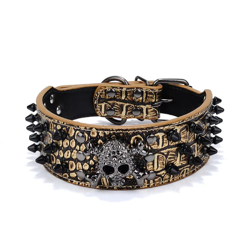 2Inch Wide Skull Spiked Studded Leather Large Dog Collars for Medium Large Breeds Pitbull Mastiff Boxer Bully Dog Harness