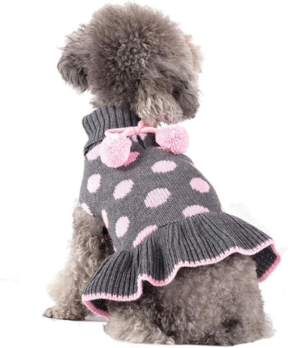 Dog Sweater Dress Turtleneck Polka Dot Dog Sweaters with Leash Hole Knitwear Warm Pet Sweater with Pom Pom Ball