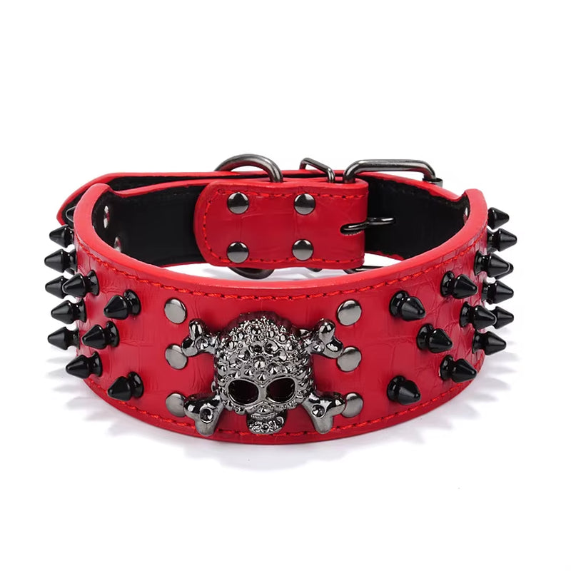 2Inch Wide Skull Spiked Studded Leather Large Dog Collars for Medium Large Breeds Pitbull Mastiff Boxer Bully Dog Harness