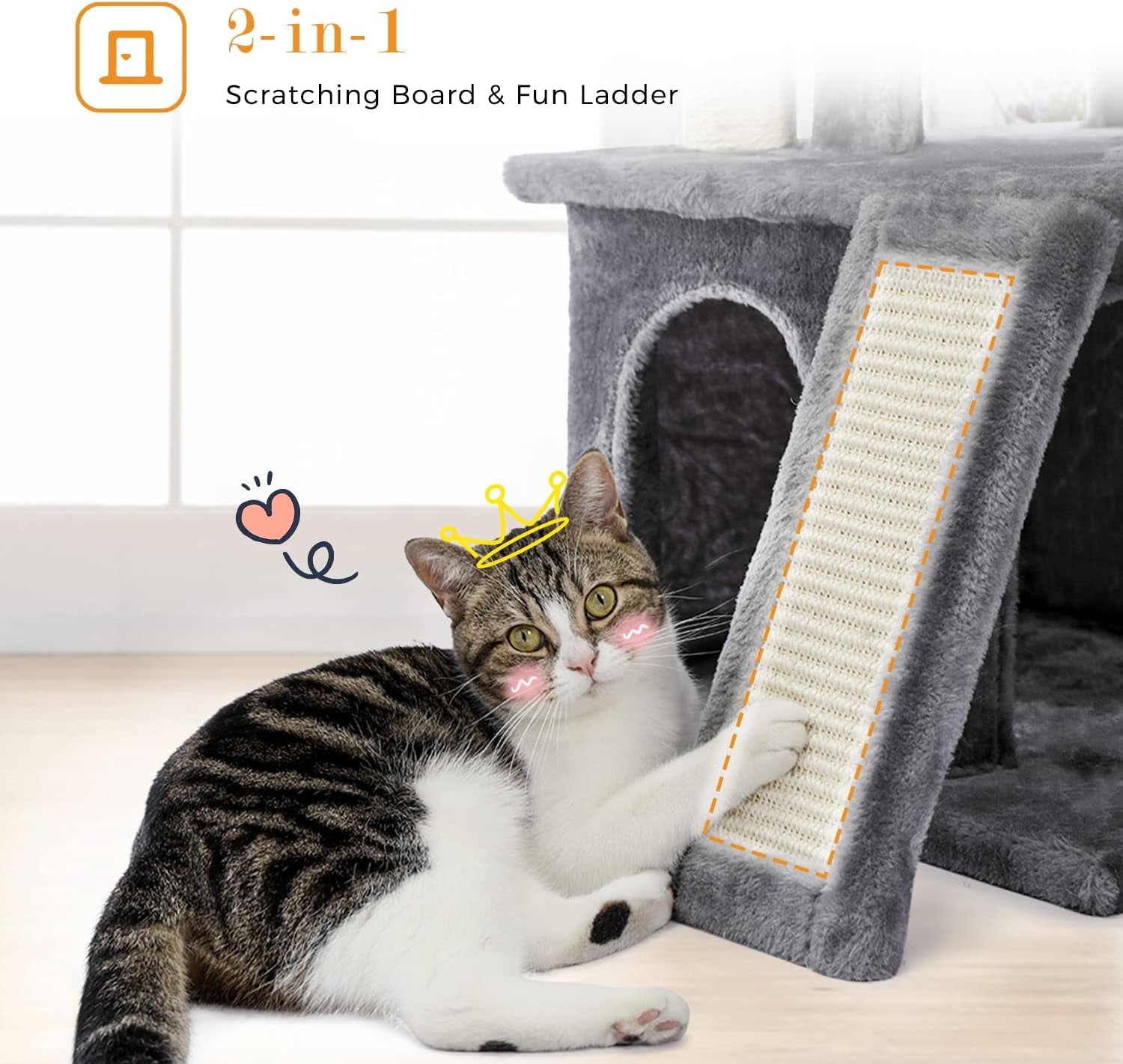 34 Inches Cat Tree Multilevel Cat Tower with Double Condos, Spacious Perch, Fully Wrapped Scratching Sisal Post and Replaceable Dangling Balls Gray