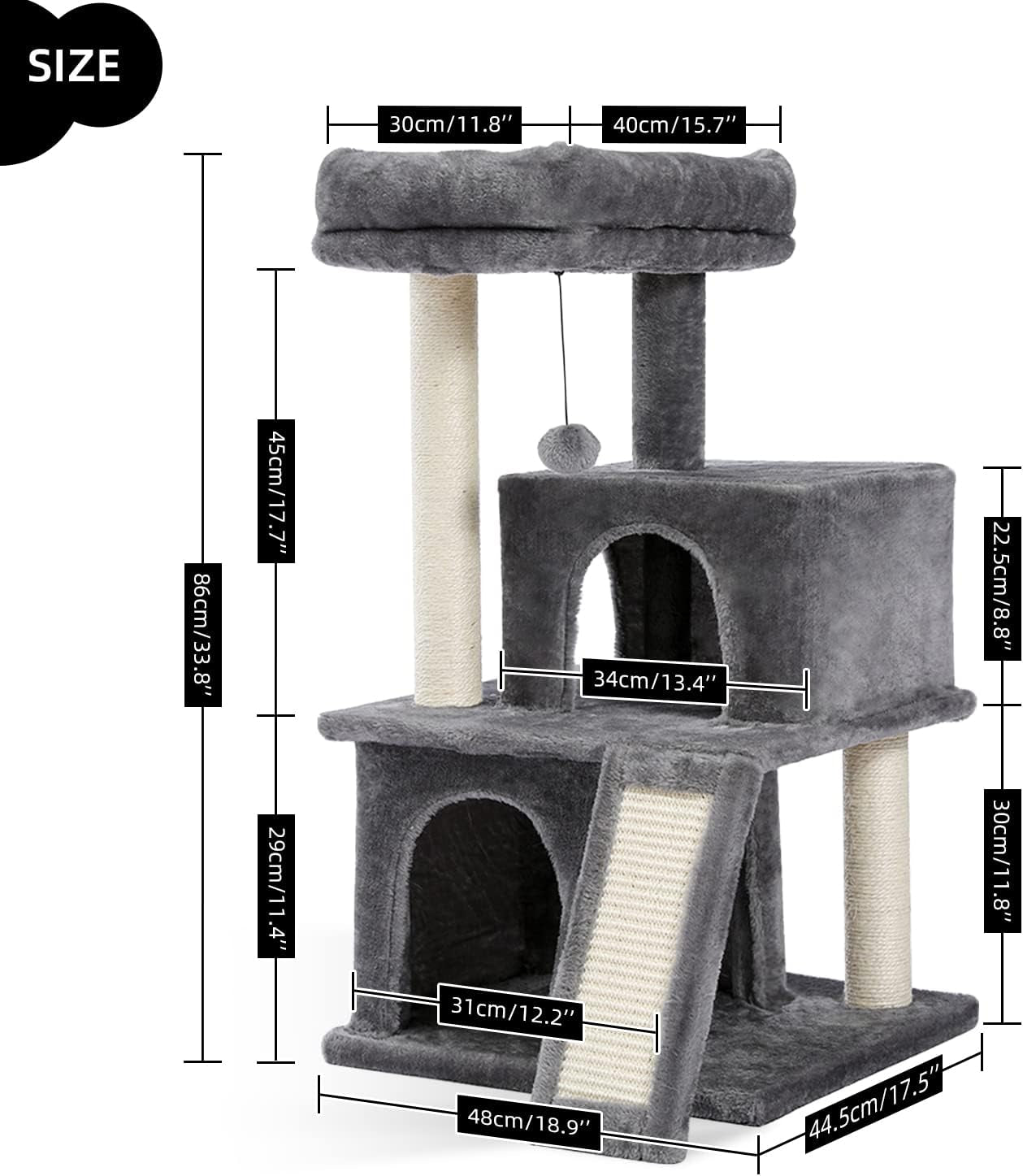 34 Inches Cat Tree Multilevel Cat Tower with Double Condos, Spacious Perch, Fully Wrapped Scratching Sisal Post and Replaceable Dangling Balls Gray